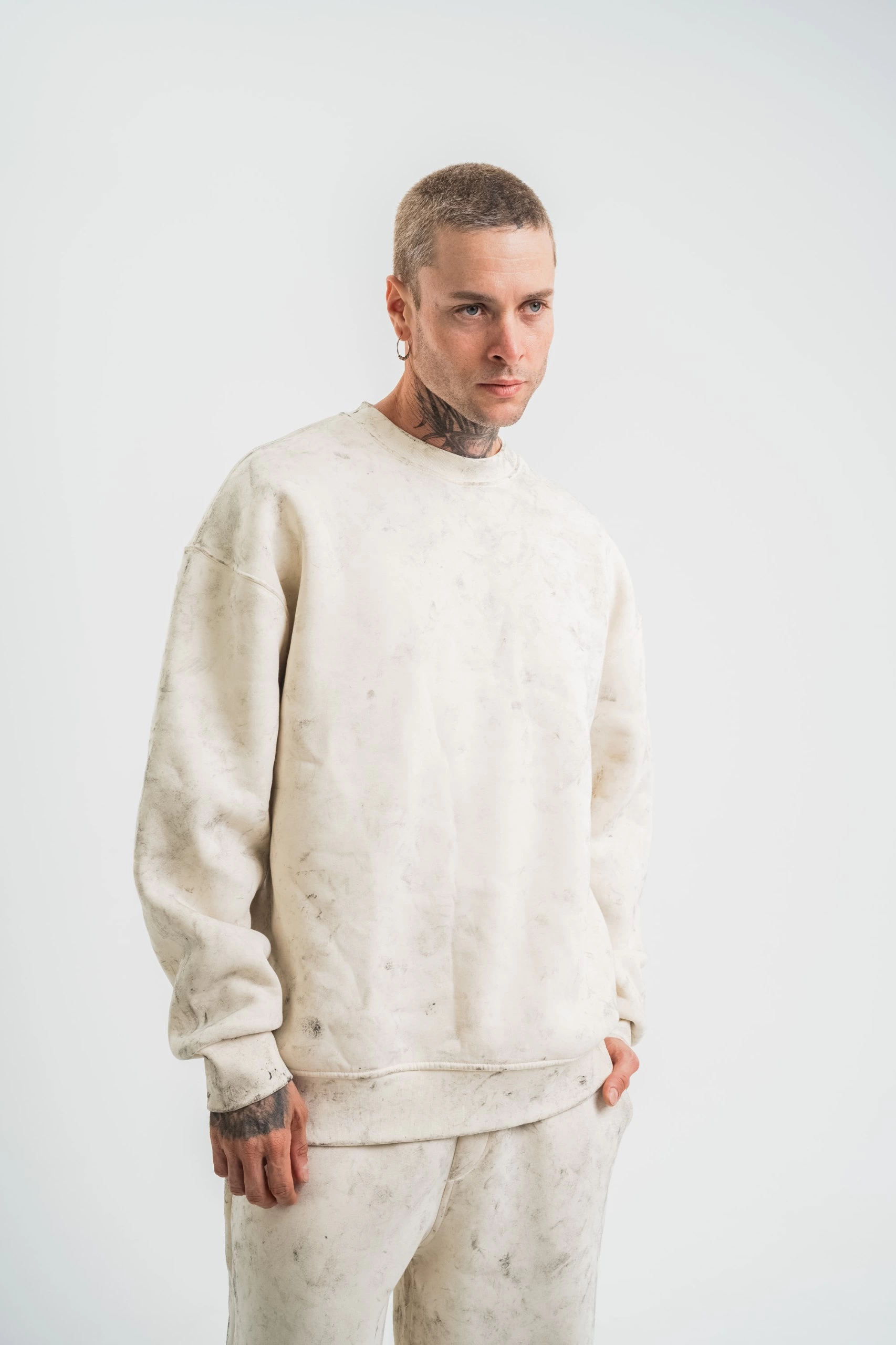 Erkek 3 İplik Pamuklu Yağ Yıkamalı Bisiklet Yaka Sweatshirt Oversize Hoodie – Krem