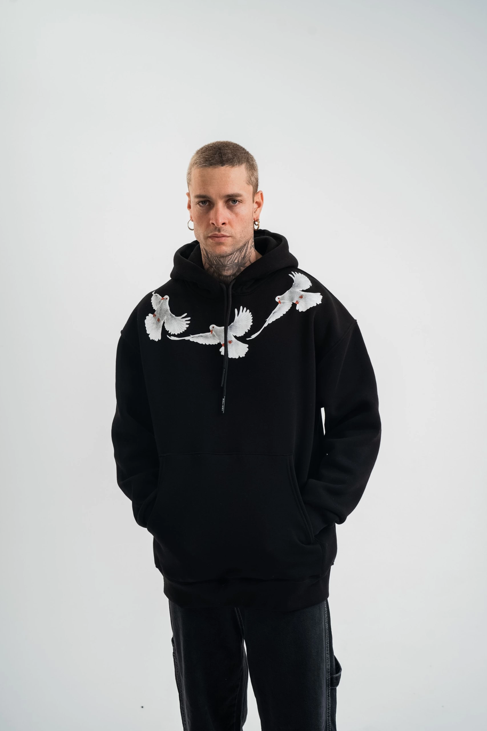 Erkek 3 İplik Pamuklu Kapüşonlu Baskılı Cepli Oversize Sweatshirt Hoodie – Siyah