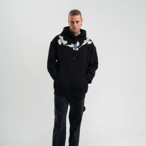 Erkek 3 İplik Pamuklu Kapüşonlu Baskılı Cepli Oversize Sweatshirt Hoodie – Siyah