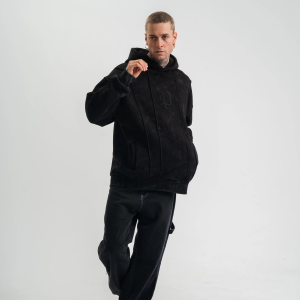ERKEK 3 iplik Pamuklu Kapüşonlu Yıkamalı Nakışlı Hoodie SweatShirt – Siyah