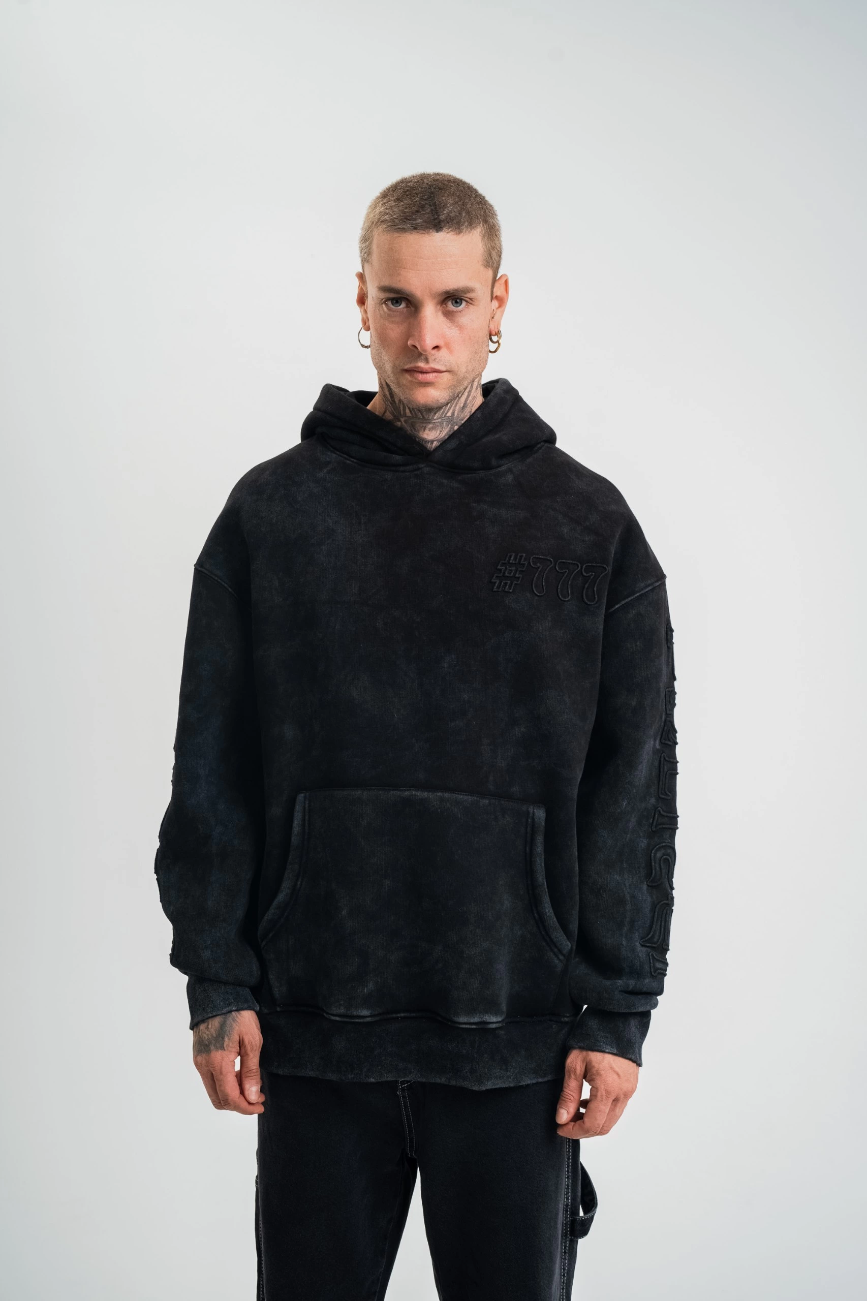 ERKEK 3 iplik Pamuklu Kapüşonlu Yıkamalı Nakışlı Hoodie SweatShirt – Siyah
