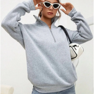 Kadın 3 iplik Pamuklu Uzun Kol Yarım Farmuarlı Yakalı SweatShirt – Gri