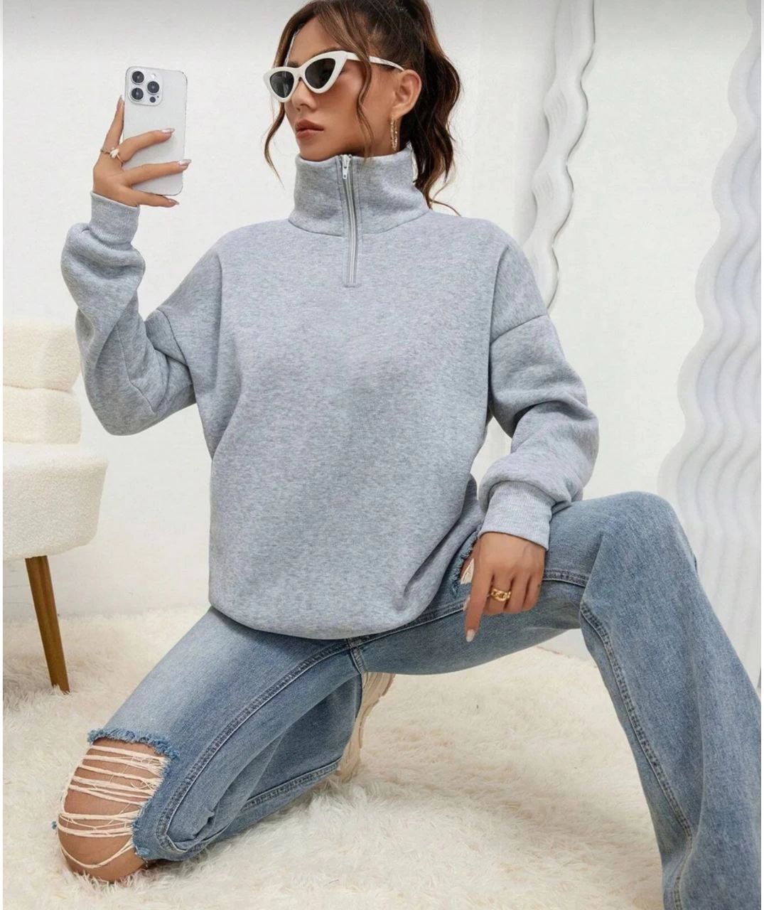 Kadın 3 iplik Pamuklu Uzun Kol Yarım Farmuarlı Yakalı SweatShirt – Gri