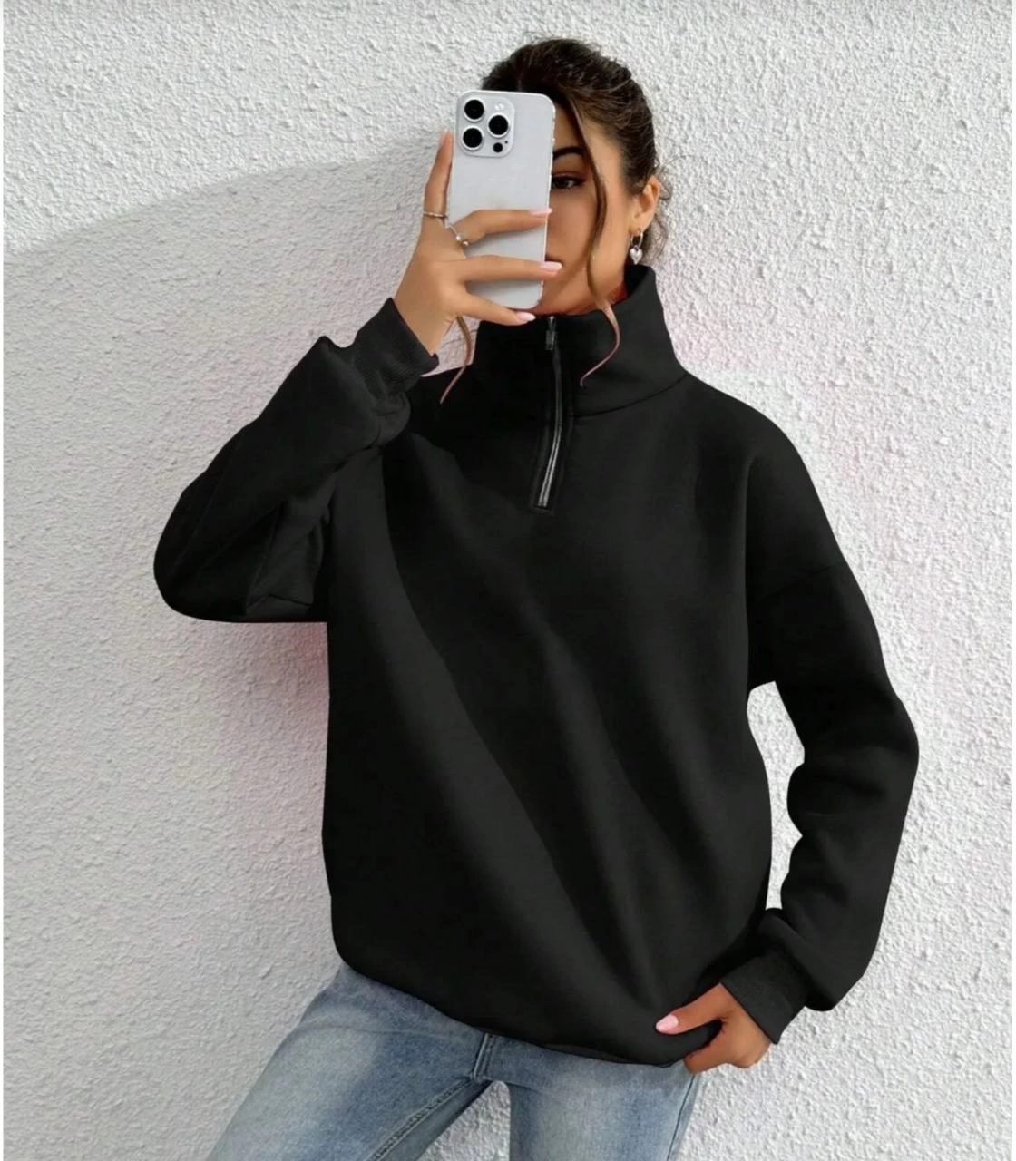 Kadın 3 iplik Pamuklu Uzun Kol Yarım Farmuarlı Yakalı SweatShirt – Siyah