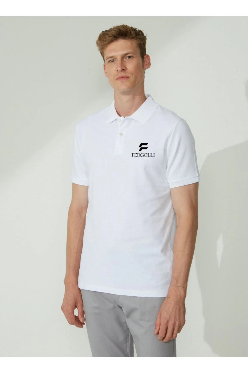 Erkek Pike Polo Yaka Tişört Düğmeli Baskılı T-Shirt – Beyaz