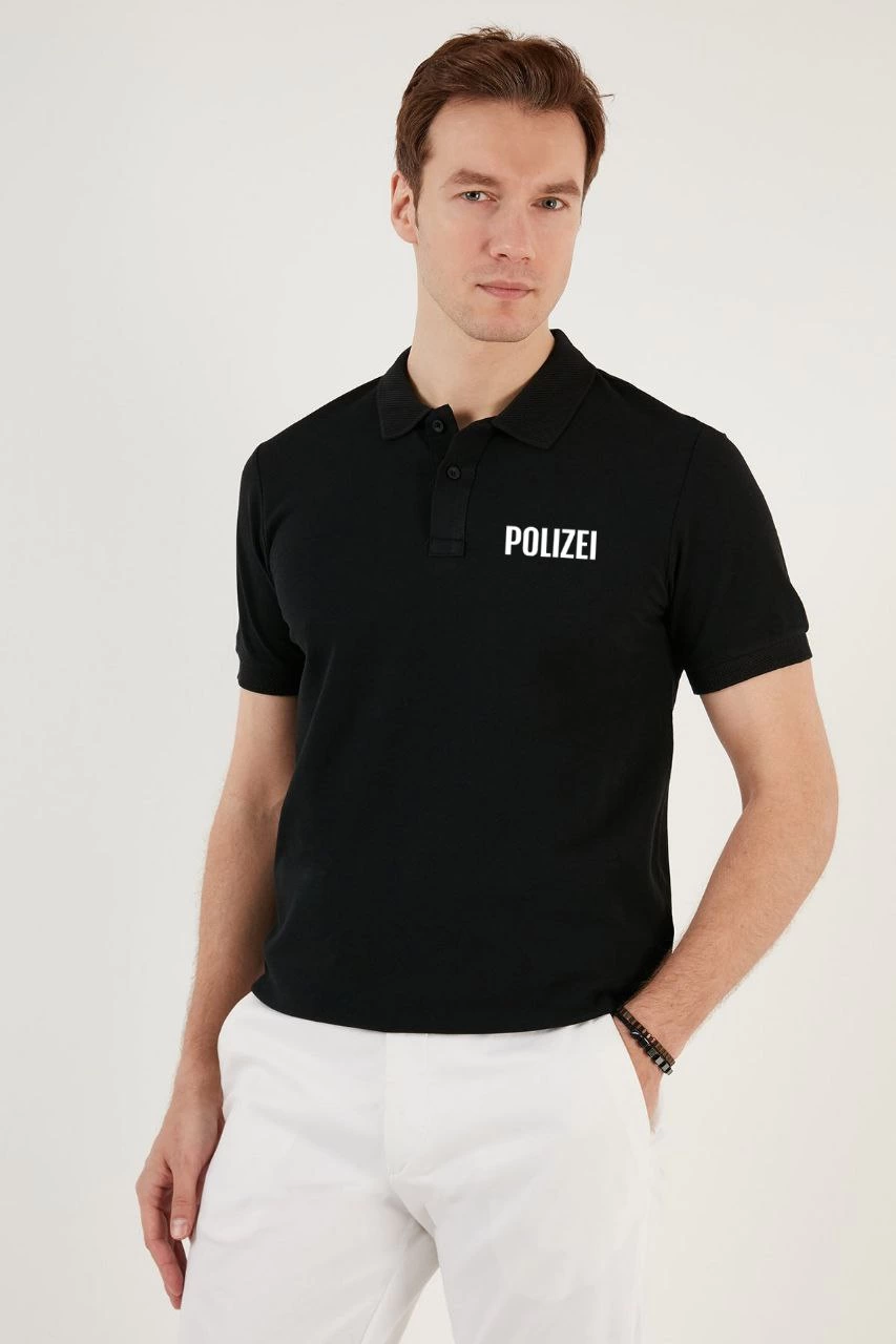 Erkek Polo Yaka Tişört Düğmeli Pike Baskılı T-Shirt – Siyah