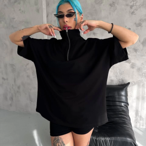 Kadın Yarım Fermuarlı Tişört Kısa kol T-Shirt – Siyah