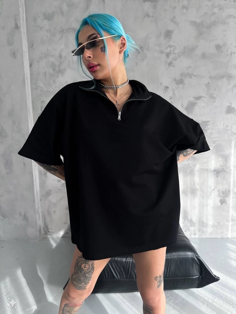 Kadın Yarım Fermuarlı Tişört Kısa kol T-Shirt – Siyah
