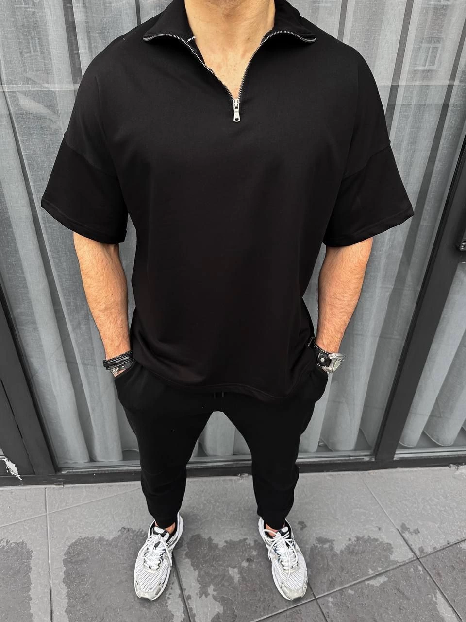 Erkek Yarım Fermuarlı Kısa kol T-Shirt – Siyah
