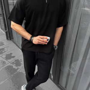 Erkek Yarım Fermuarlı Kısa kol T-Shirt – Siyah