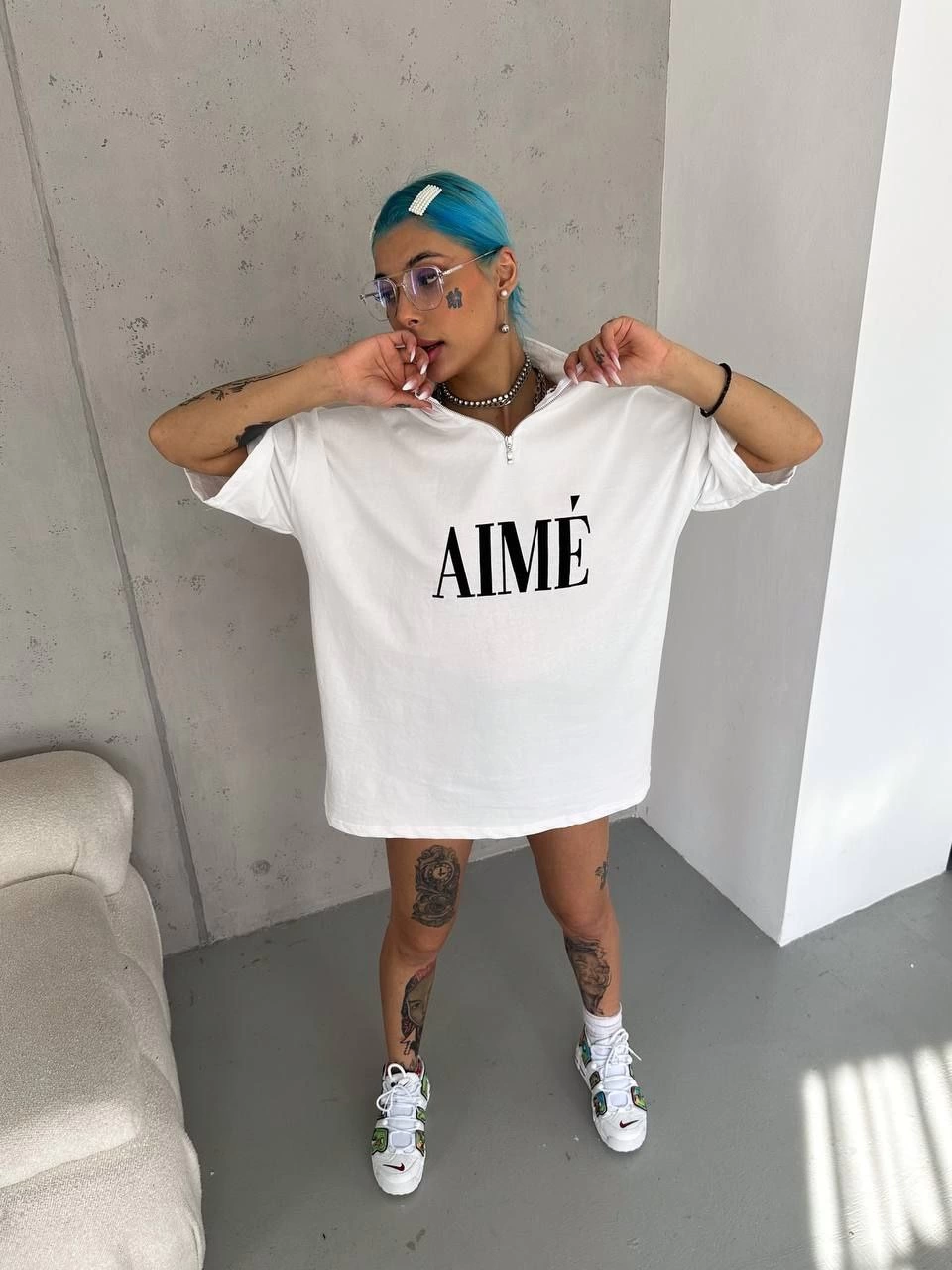 Kadın Yarım Fermuarlı Tişört Kısa kol Baskılı T-Shirt – Beyaz