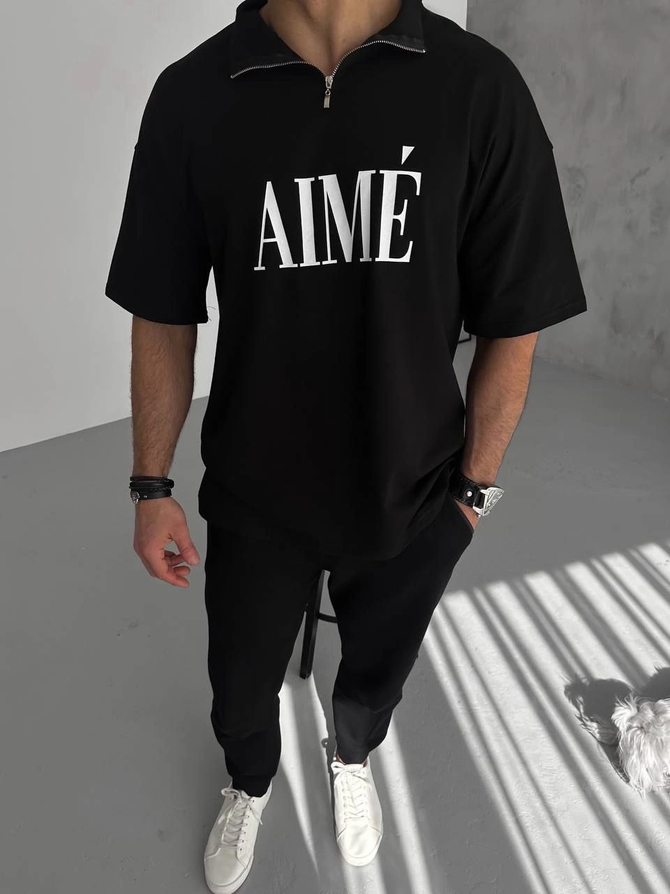 ERKEK Tişört Yakalı Yarım Fermuarlı  Kısa Kol Baskılı T-Shirt – Siyah