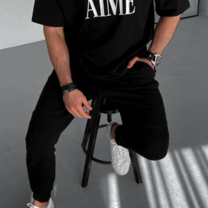 ERKEK Tişört Yakalı Yarım Fermuarlı  Kısa Kol Baskılı T-Shirt – Siyah