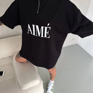 Kadın Yarım Fermuarlı Tişört Baskılı T-Shirt – Siyah