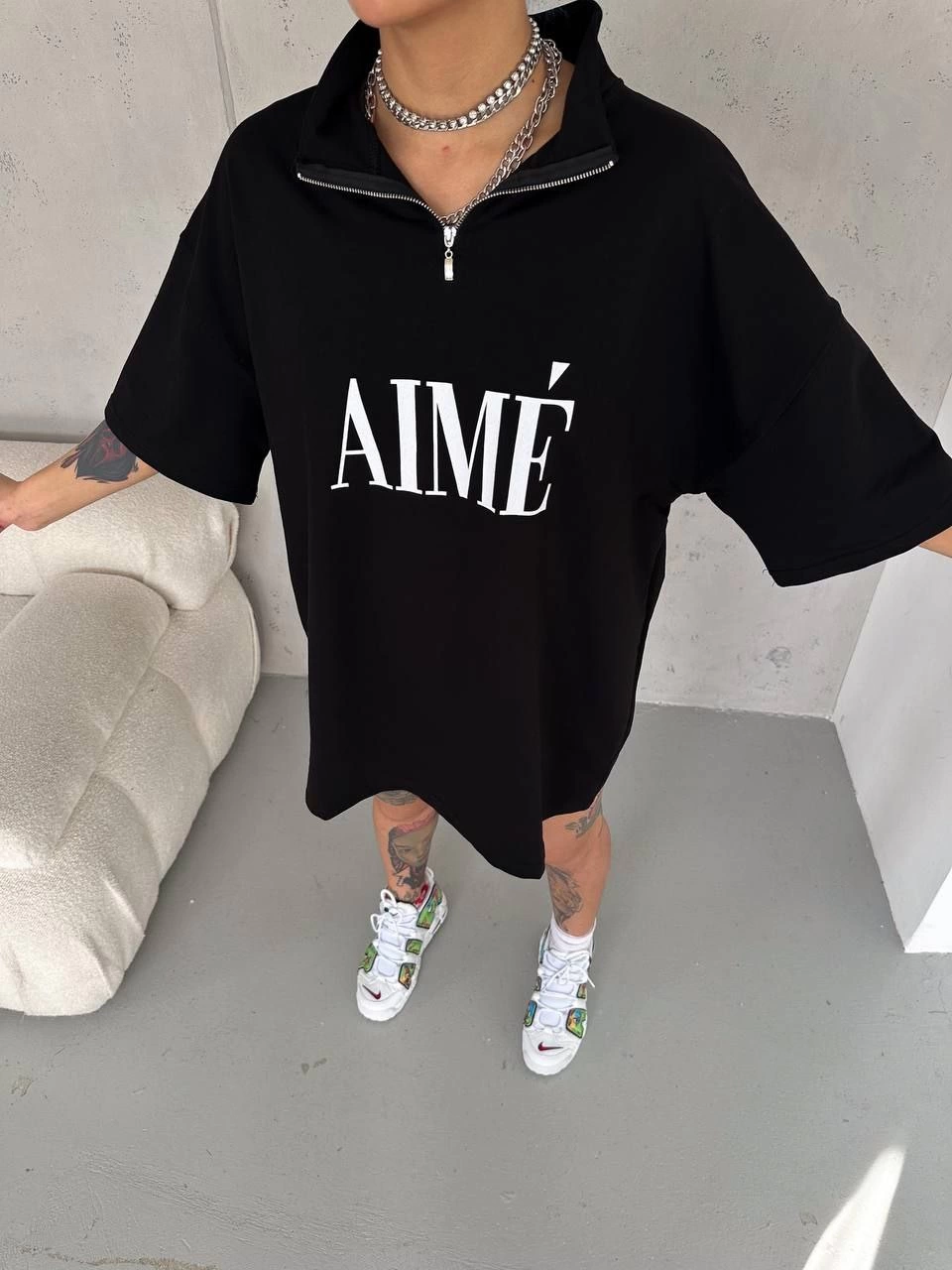 Kadın Yarım Fermuarlı Tişört Baskılı T-Shirt – Siyah