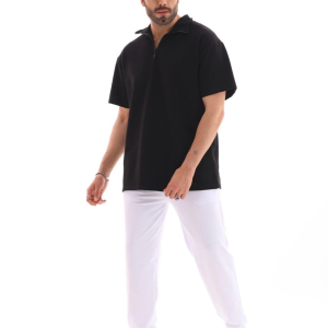 Erkek Yarım Fermuarlı Düz Oversize T-shirt – Siyah