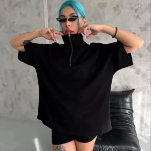 Kadın Yarım Fermuarlı Tişört Düz Oversize T-Shirt – Siyah