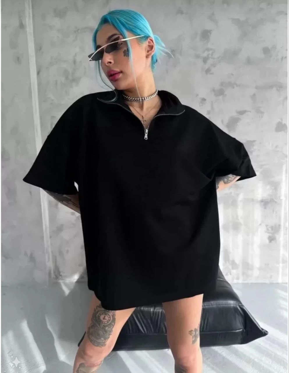 Kadın Yarım Fermuarlı Tişört Düz Oversize T-Shirt – Siyah