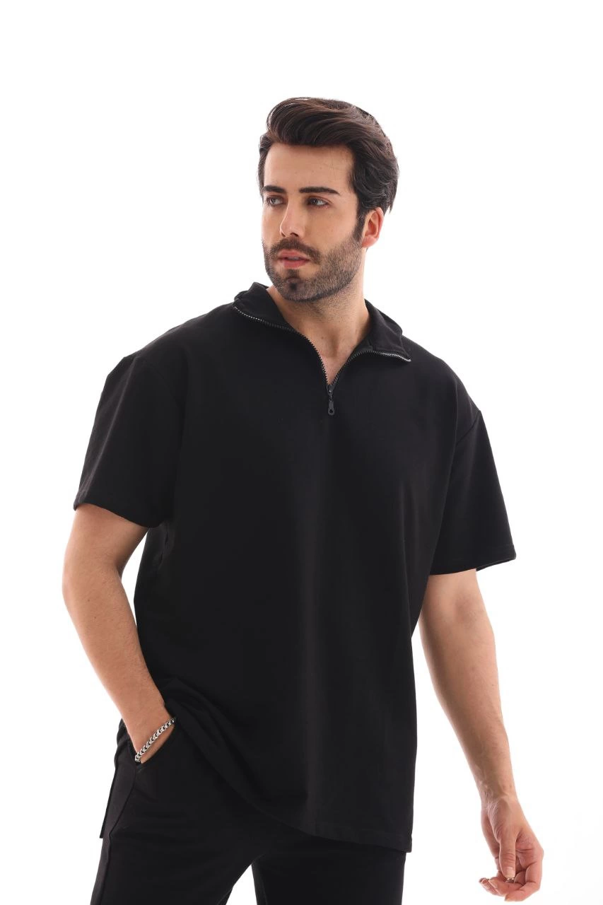 Erkek Yarım Fermuarlı Düz Oversize T-shirt – Siyah