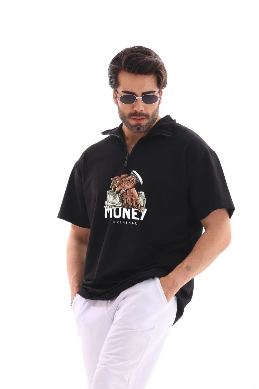 Erkek Yarım Fermuarlı Oversize Baskılı T-Shirt – Siyah