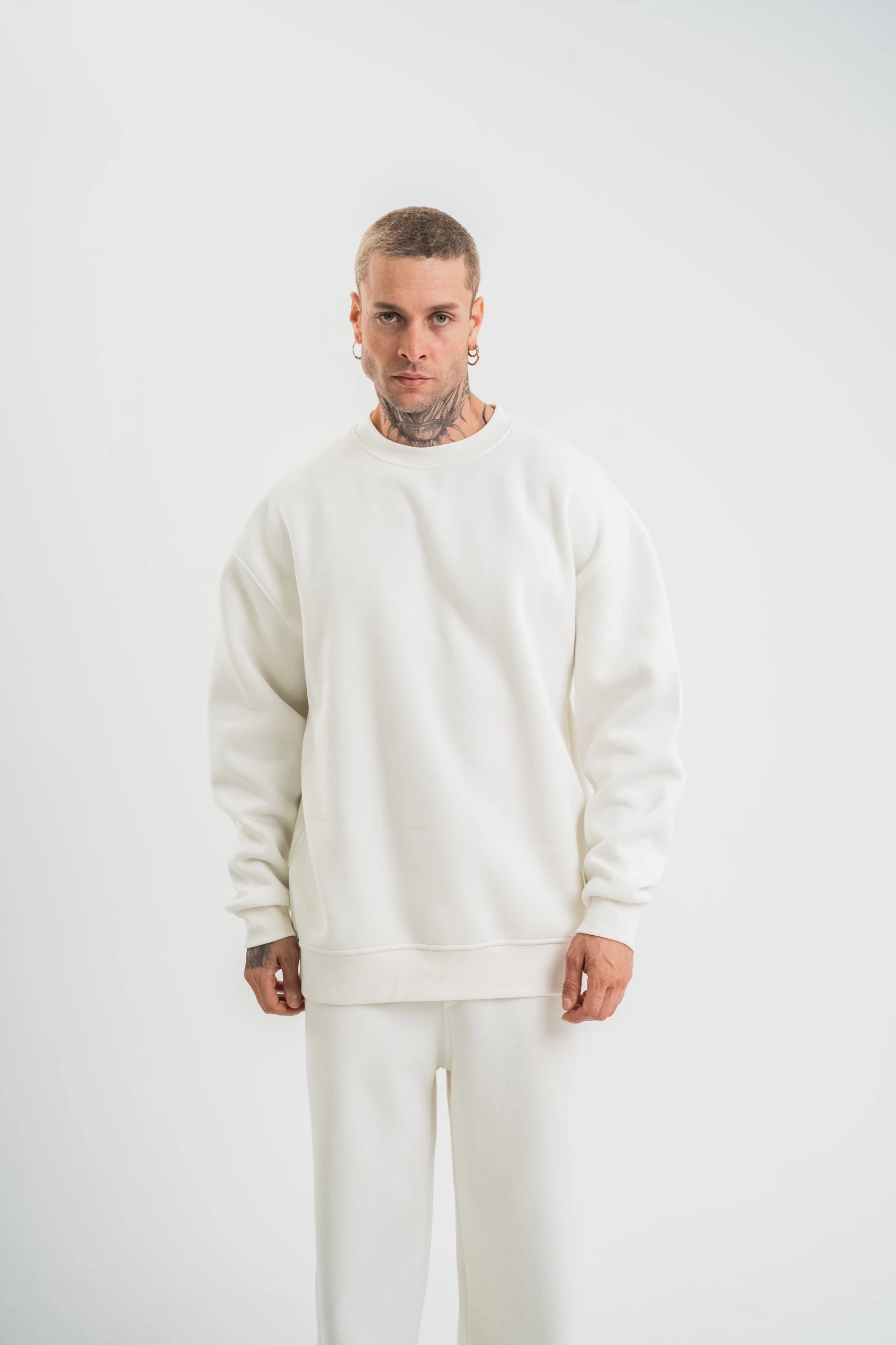 Erkek Uzun Kol Bisiklet Yaka 3 iplik Pamuklu Kışlık SweatShirt – Beyaz