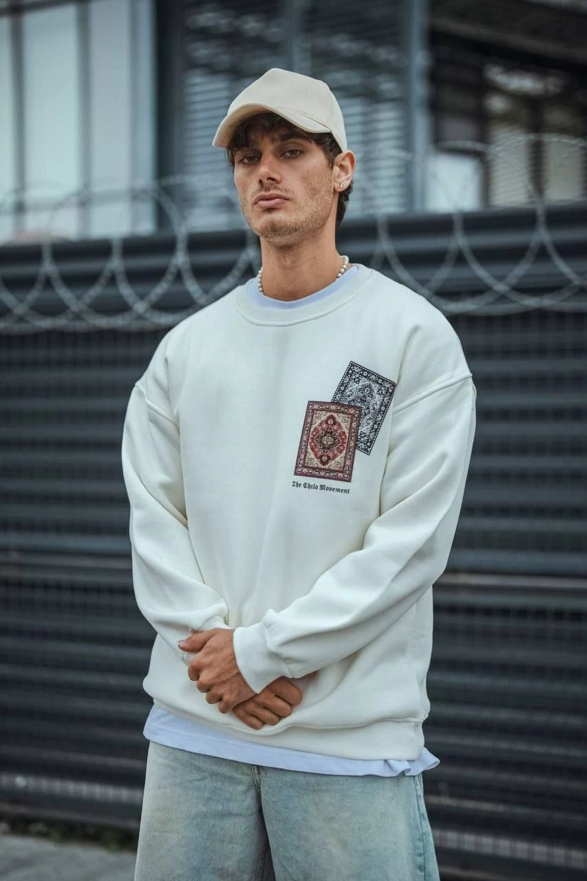 Erkek 3 iplik pamuklu Bisiklet Yaka Baskılı SweatShirt – Beyaz