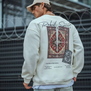 Erkek 3 iplik pamuklu Bisiklet Yaka Baskılı SweatShirt – Beyaz