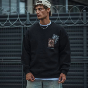 Erkek 3 iplik Pamuklu Bisiklet Yaka Baskılı SweatShirt – Siyah
