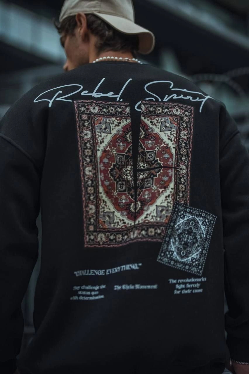 Erkek 3 iplik Pamuklu Bisiklet Yaka Baskılı SweatShirt – Siyah