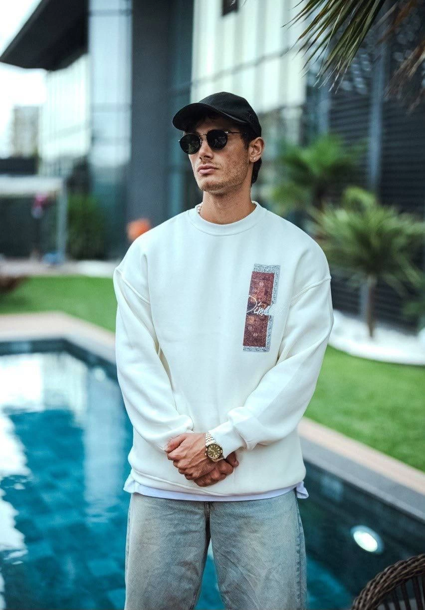 Erkek 3 iplik pamuklu Bisiklet Yaka Ön ve Arka Baskılı SweatShirt – Beyaz