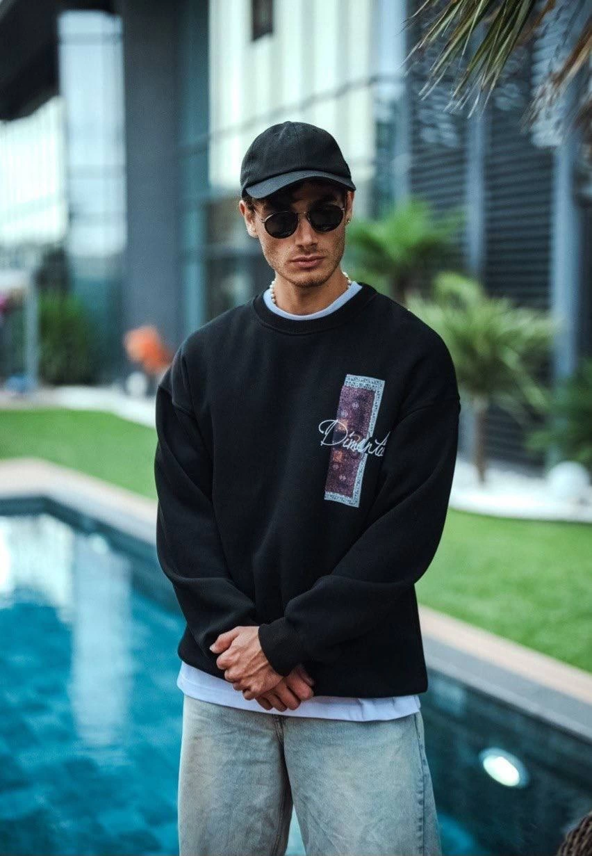 Erkek 3 iplik pamuklu Bisiklet Yaka Ön ve Arka Baskılı SweatShirt – Siyah