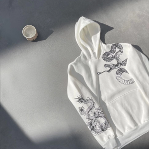 Erkek 3 İplik Pamuklu Kapüşonlu Baskılı Cepli Oversize Sweatshirt Hoodie – Beyaz