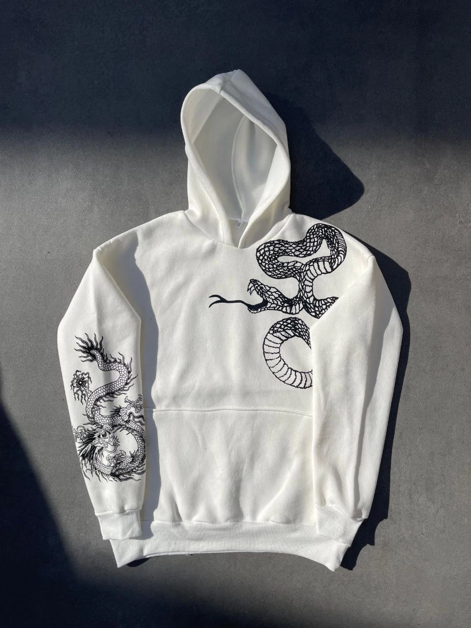 Erkek 3 İplik Pamuklu Kapüşonlu Baskılı Cepli Oversize Sweatshirt Hoodie – Beyaz