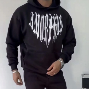 Erkek Kapüşonlu Kanguru Cepli Sweatshirt 3 İplik Pamuklu Baskılı Hoodie – Siyah