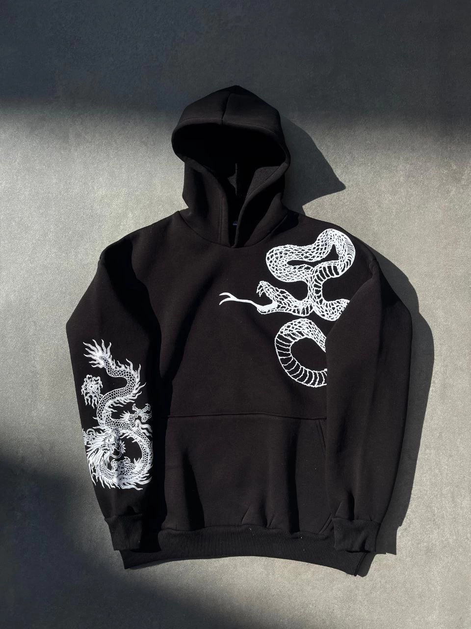 Erkek 3 İplik Pamuklu Kapüşonlu Baskılı Cepli Oversize Sweatshirt Hoodie – Siyah