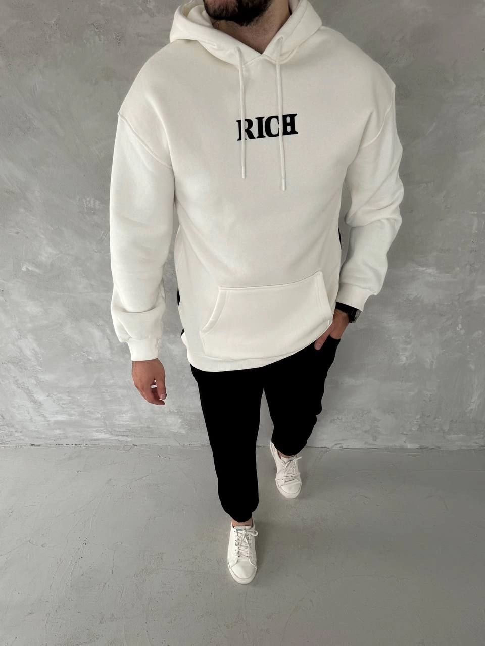 Erkek Kapüşonlu Kanguru Cepli Sweatshirt 3 İplik Pamuklu Baskılı Hoodie – Beyaz