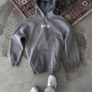 Erkek 3 İplik Pamuklu Kapüşonlu Kanguru Cepli Baskılı Oversize Hoodie Sweatshirt – Gri
