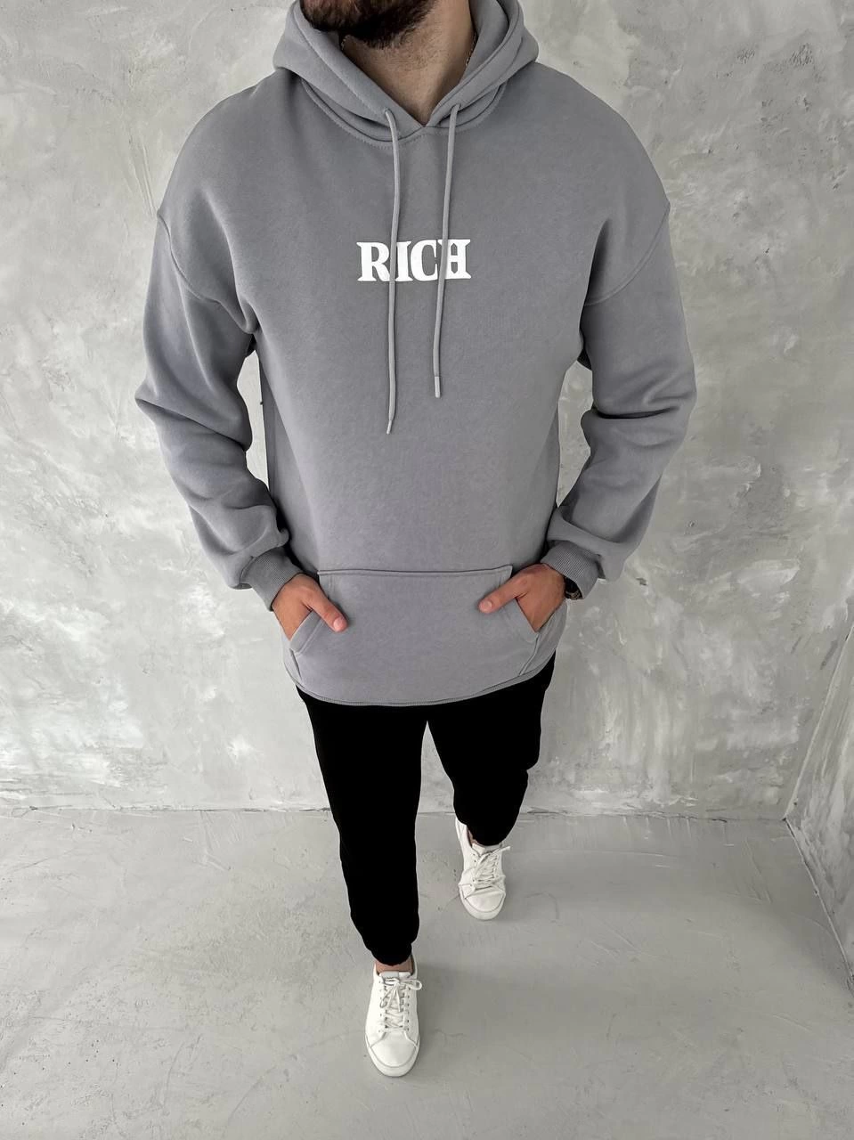 Erkek 3 İplik Pamuklu Kapüşonlu Kanguru Cepli Baskılı Oversize Hoodie Sweatshirt – Gri