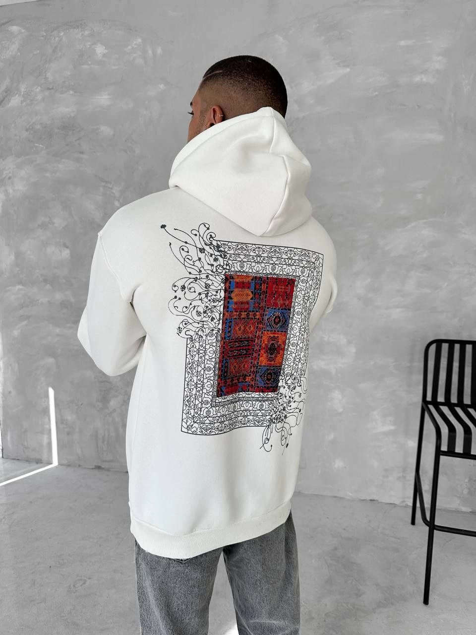Erkek Kapüşonlu Kanguru Cepli Sweatshirt 3 İplik Pamuklu Baskılı Hoodie – Beyaz