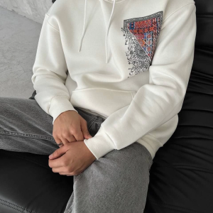 Erkek Kapüşonlu Kanguru Cepli Sweatshirt 3 İplik Pamuklu Baskılı Hoodie – Beyaz