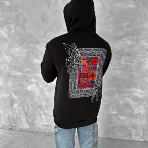 Erkek Kapüşonlu Kanguru Cepli Sweatshirt 3 İplik Pamuklu Baskılı Hoodie – Siyah