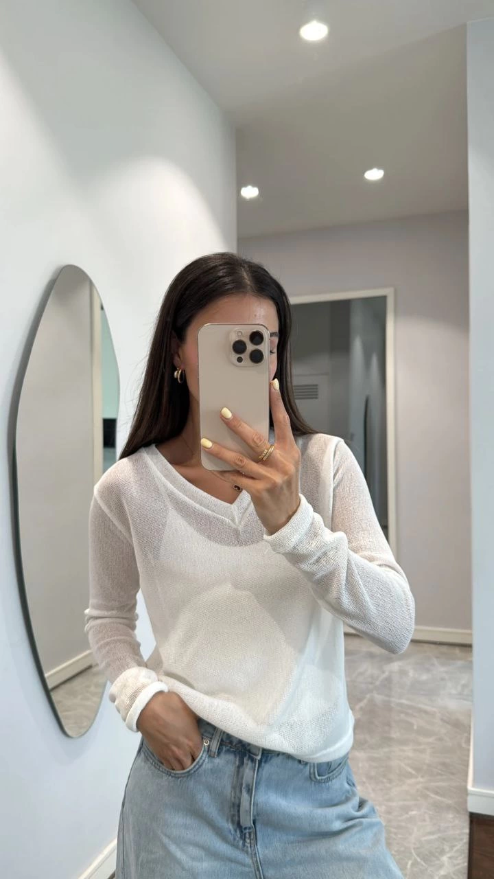 Kadın V Yaka uzun Kollu Triko ince Bluz – Beyaz