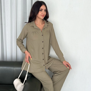 Kadın Yakalı Düğmeli Uzun Kollu Gömlek Pantolon ikili Takım – Bej