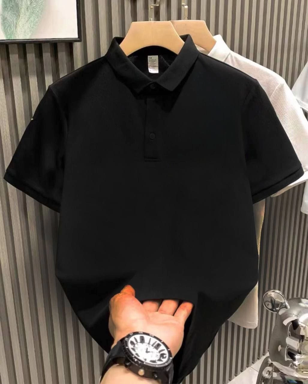 Erkek Polo Yaka Pike Kumaş Yazlık Tişört Düğmeli Düz kısa kol T-Shirt – Siyah