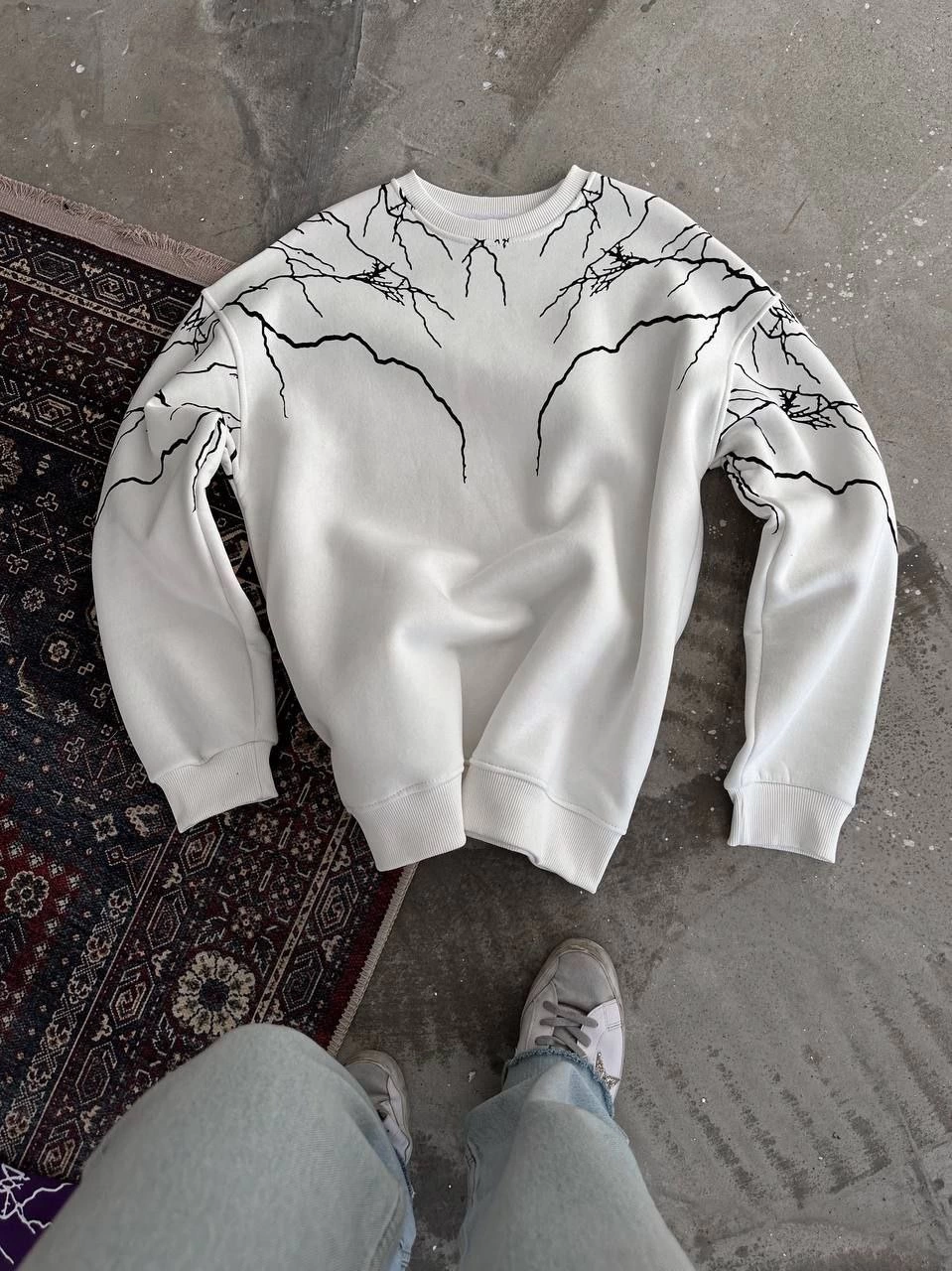 Erkek Yıldırım Baskılı Bisiklet Yaka 3 iplik pamuklu SweatShirt – Beyaz
