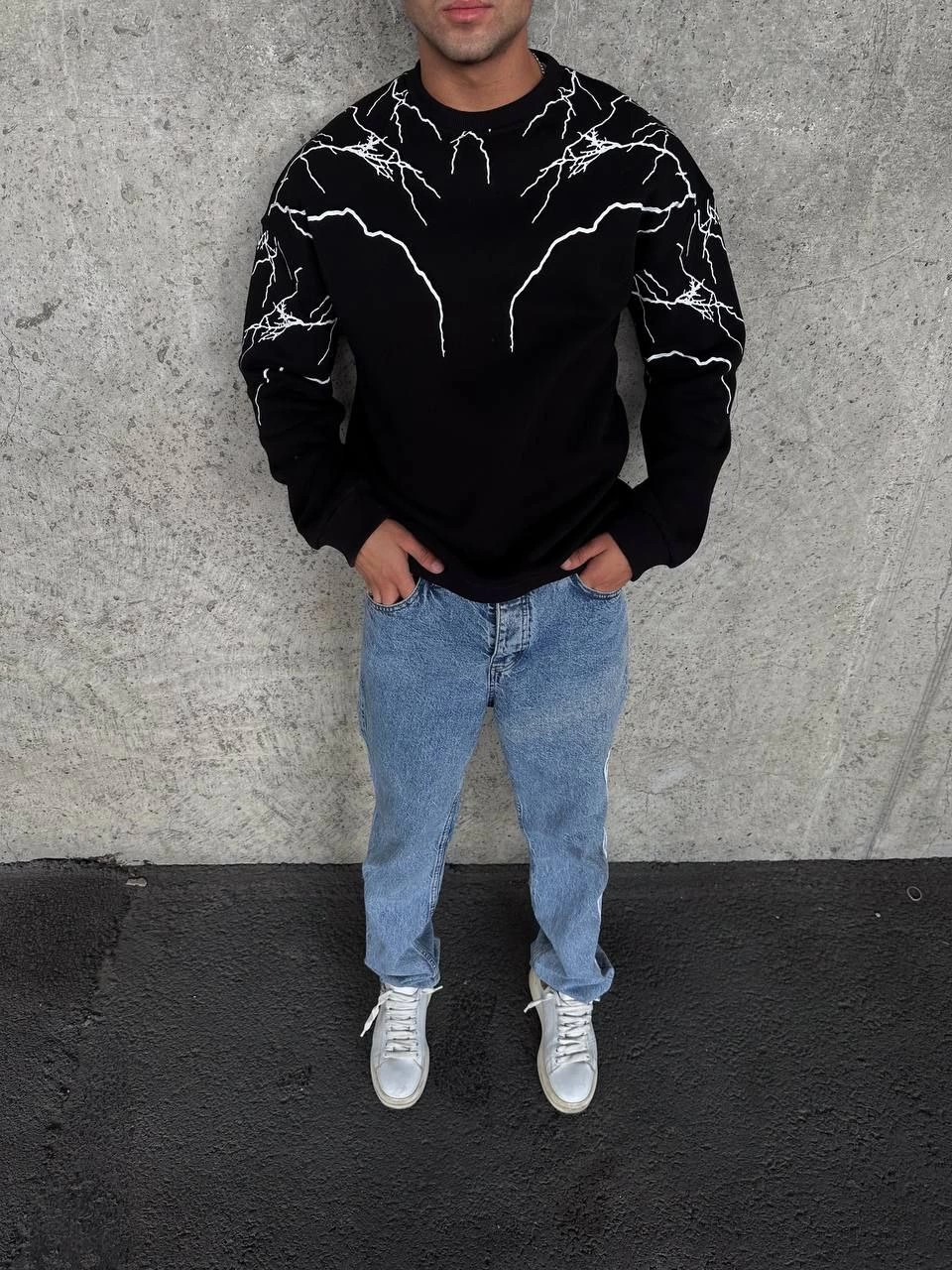 Erkek 3 iplik pamuklu Yıldırım Baskılı Bisiklet Yaka SweatShirt – Siyah