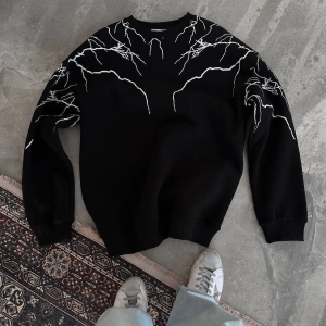Erkek 3 iplik pamuklu Yıldırım Baskılı Bisiklet Yaka SweatShirt – Siyah